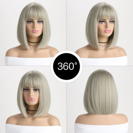Περούκα bob σε γκρι απόχρωση με sleek ίσια μαλλιά & αφέλειες WIG-435D